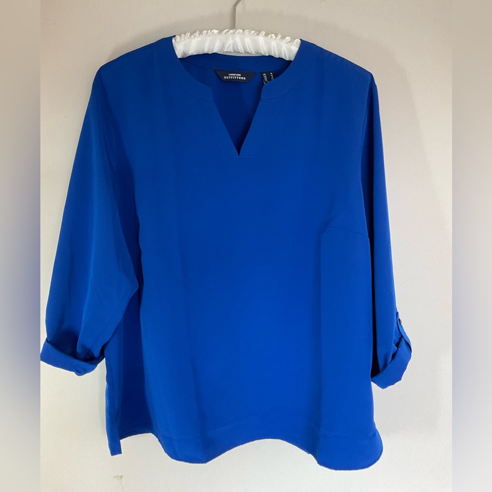 Lands’ End cobalt blue split neck blouse with roll-up sleeves